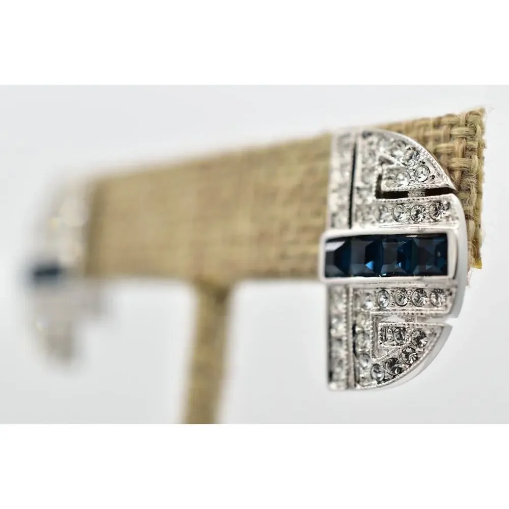 JBK Vintage Crystal Clip On Earrings Navy Blue Rhinestone Silver Signed BinBK